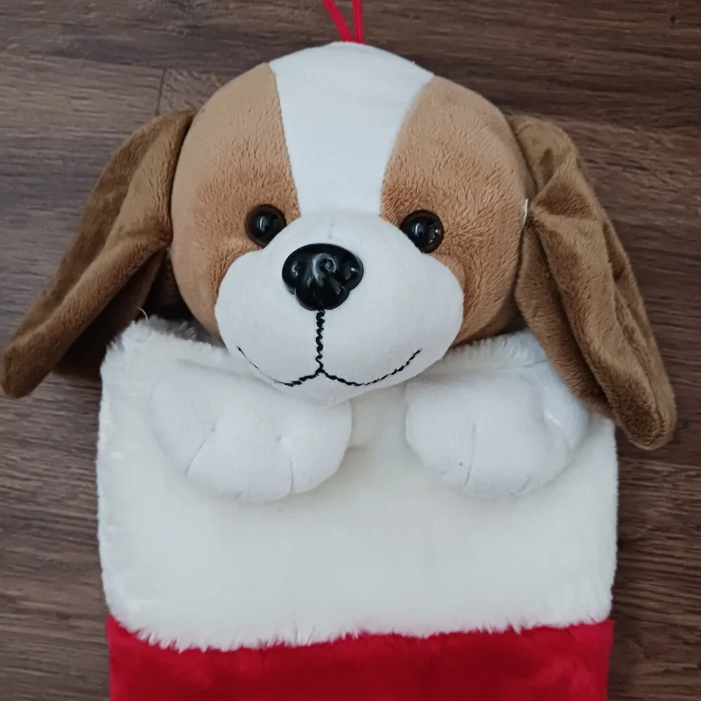 Prima Creations Plush Puppy Dog Christmas Stocking Red White Faux Fur 3D Beagle
